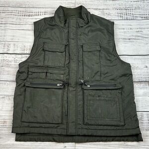 VTG Y2K GAP Vest Green Utility Cargo Tactical Nylon Hunting Fishing Fleece Lined